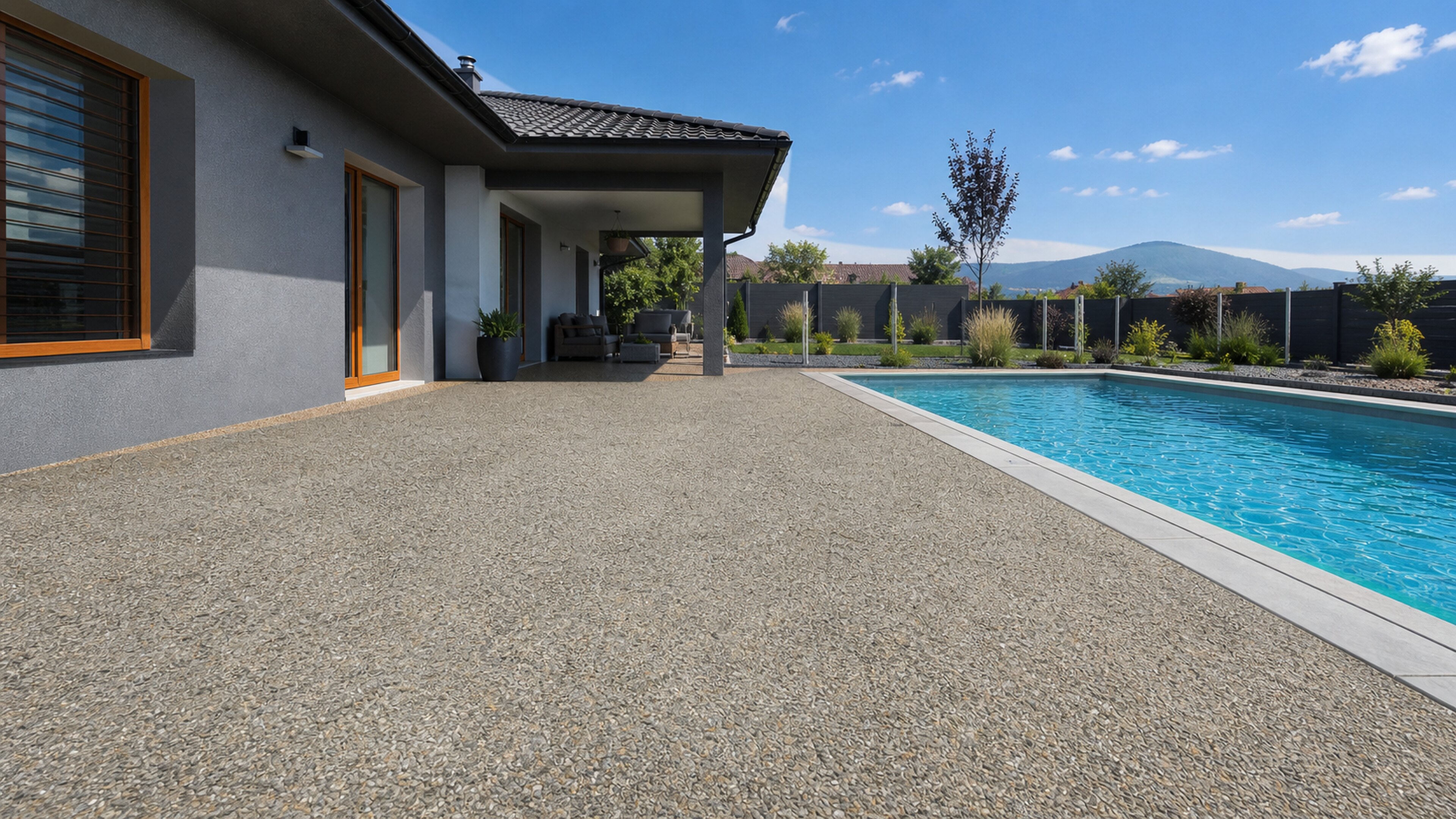 Zašlý kamenný koberec před revitalizací bez lesku u antracitového bungalovu, stejný záběr s dřívější oblohou a jiným vlněním vody